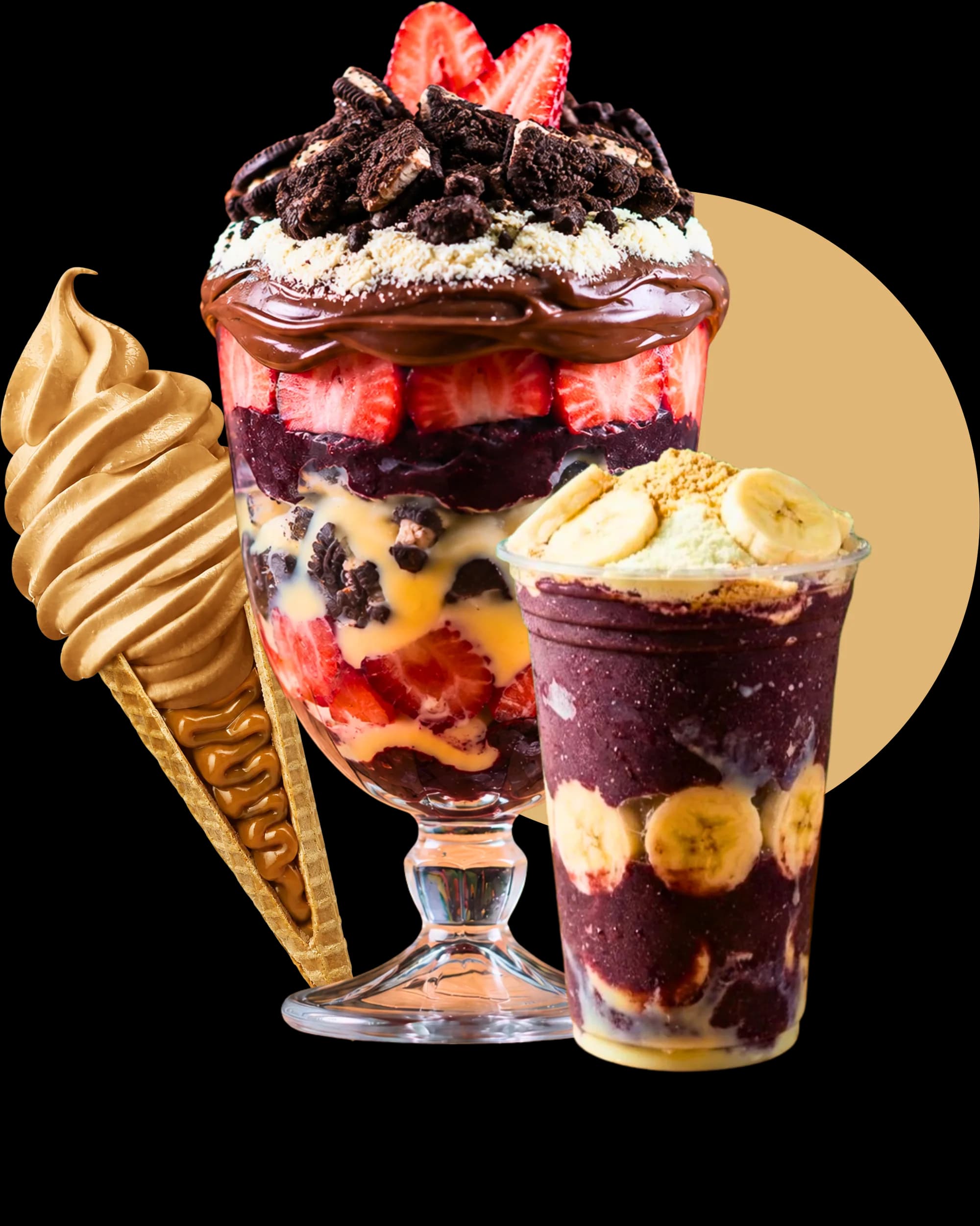 Taça de açaí com morango e sorvete de casquinha, ao lado do título Projetos sorveterias