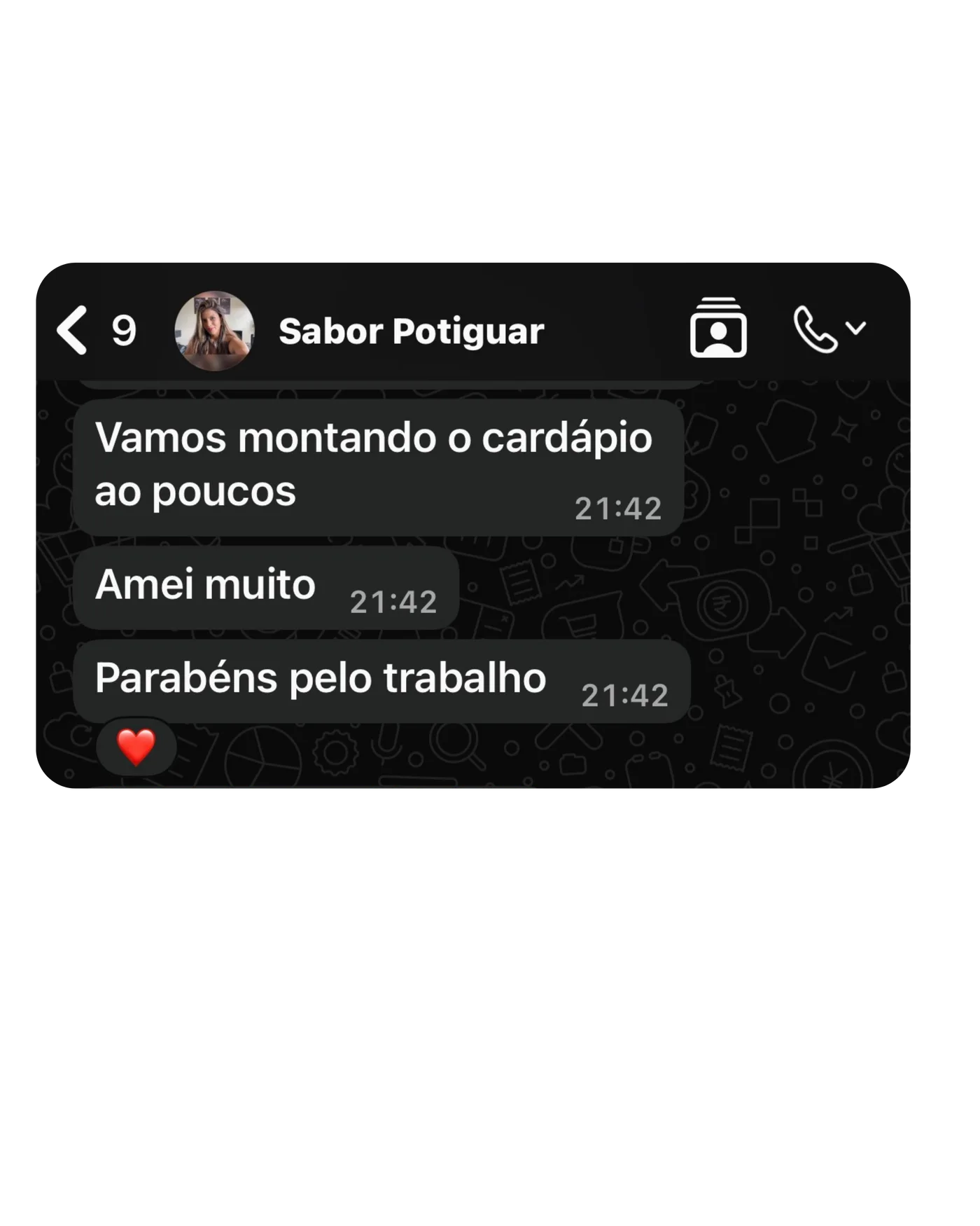 Mensagem de cliente da Sabor Potiguar elogiando o cardápio entregue: "Amei muito, parabéns pelo trabalho".