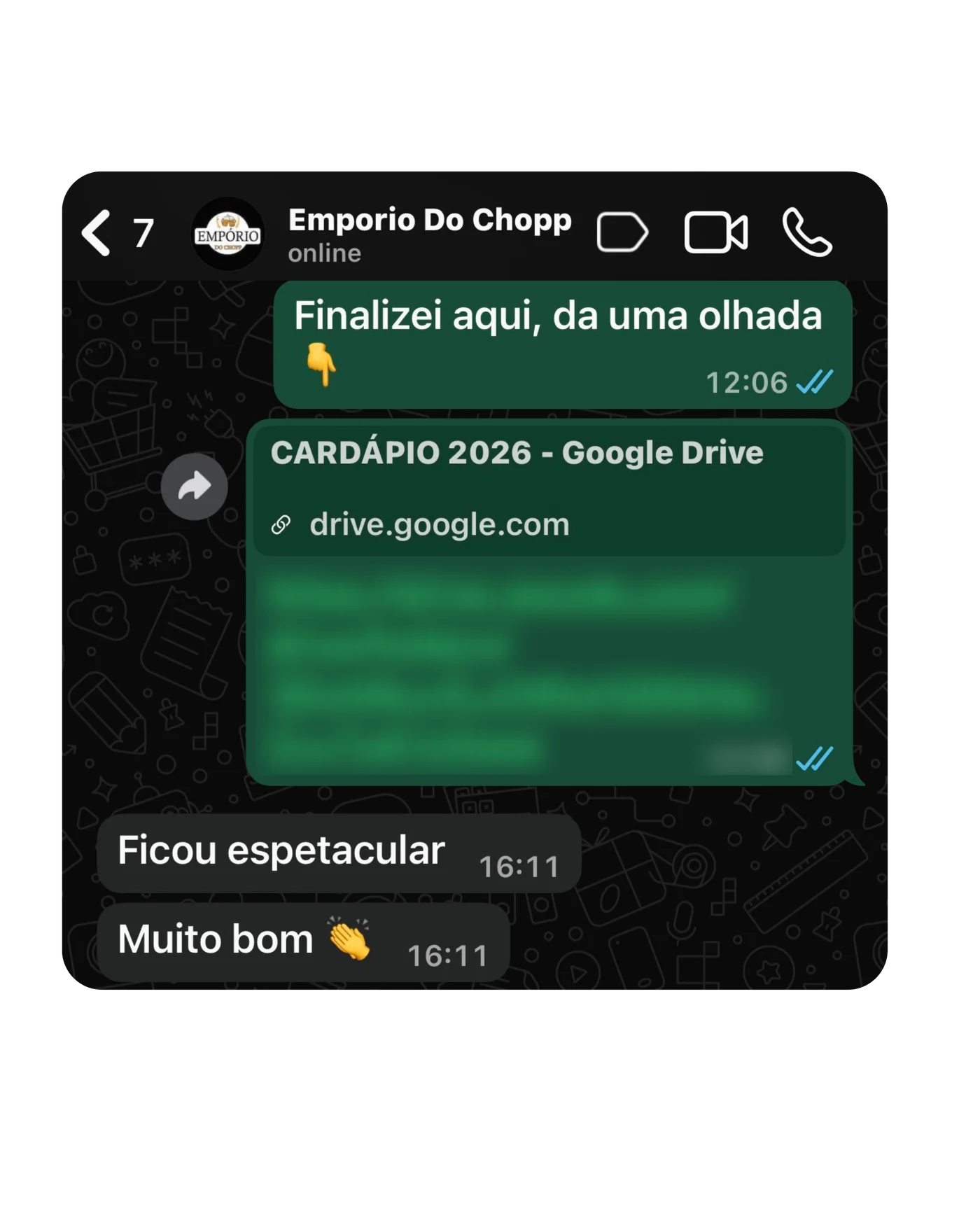 Mensagem de cliente do Empório Do Chopp elogiando o cardápio entregue: "Ficou espetacular, muito bom".